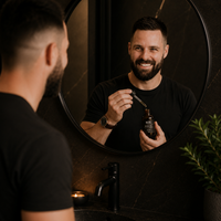 Man applying a ROS beard oil product to his face in front of a mirror