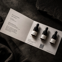 Three ROS beard oil scent sample dropper bottles on a leaflet with text on a dark textured background